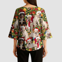 Christmas Dogs Kimono Sleeve Blouse with Santa Hats and Festive Ornament Pattern - Wonder Print Shop