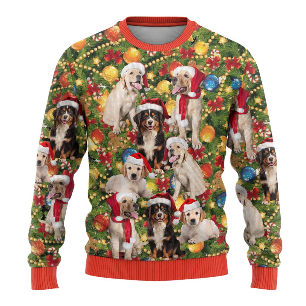 Christmas Dogs Ugly Christmas Sweater with Santa Hats and Festive Ornament Pattern - Wonder Print Shop