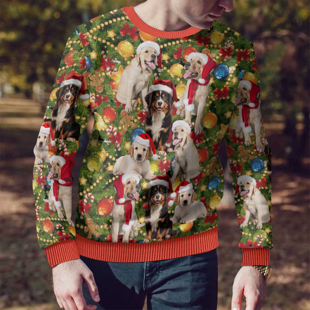Christmas Dogs Ugly Christmas Sweater with Santa Hats and Festive Ornament Pattern - Wonder Print Shop
