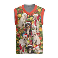 Christmas Dogs Christmas Knitted V-Neck Vest with Santa Hats and Festive Ornament Pattern - Wonder Print Shop