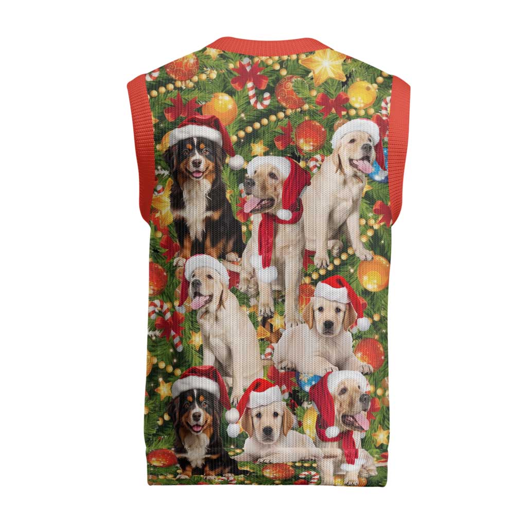 Christmas Dogs Christmas Knitted V-Neck Vest with Santa Hats and Festive Ornament Pattern - Wonder Print Shop