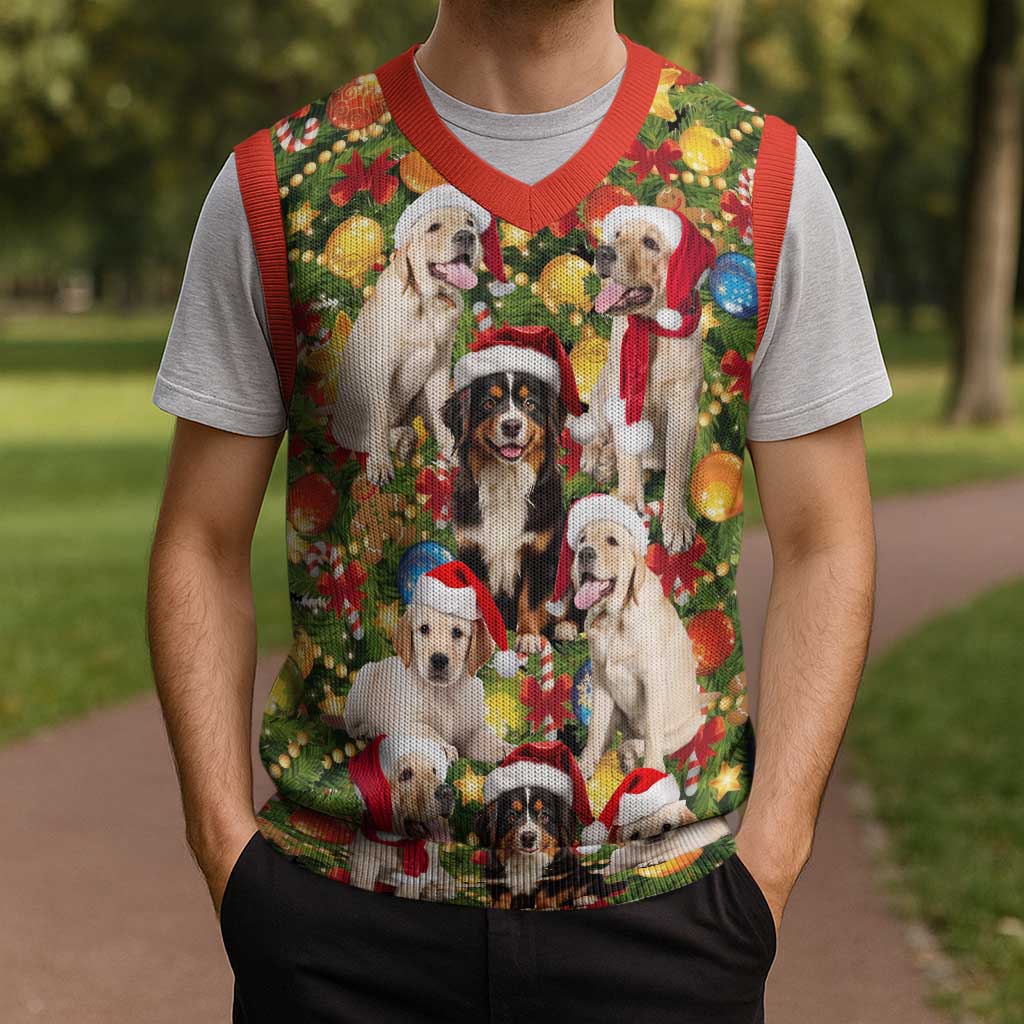 Christmas Dogs Christmas Knitted V-Neck Vest with Santa Hats and Festive Ornament Pattern - Wonder Print Shop