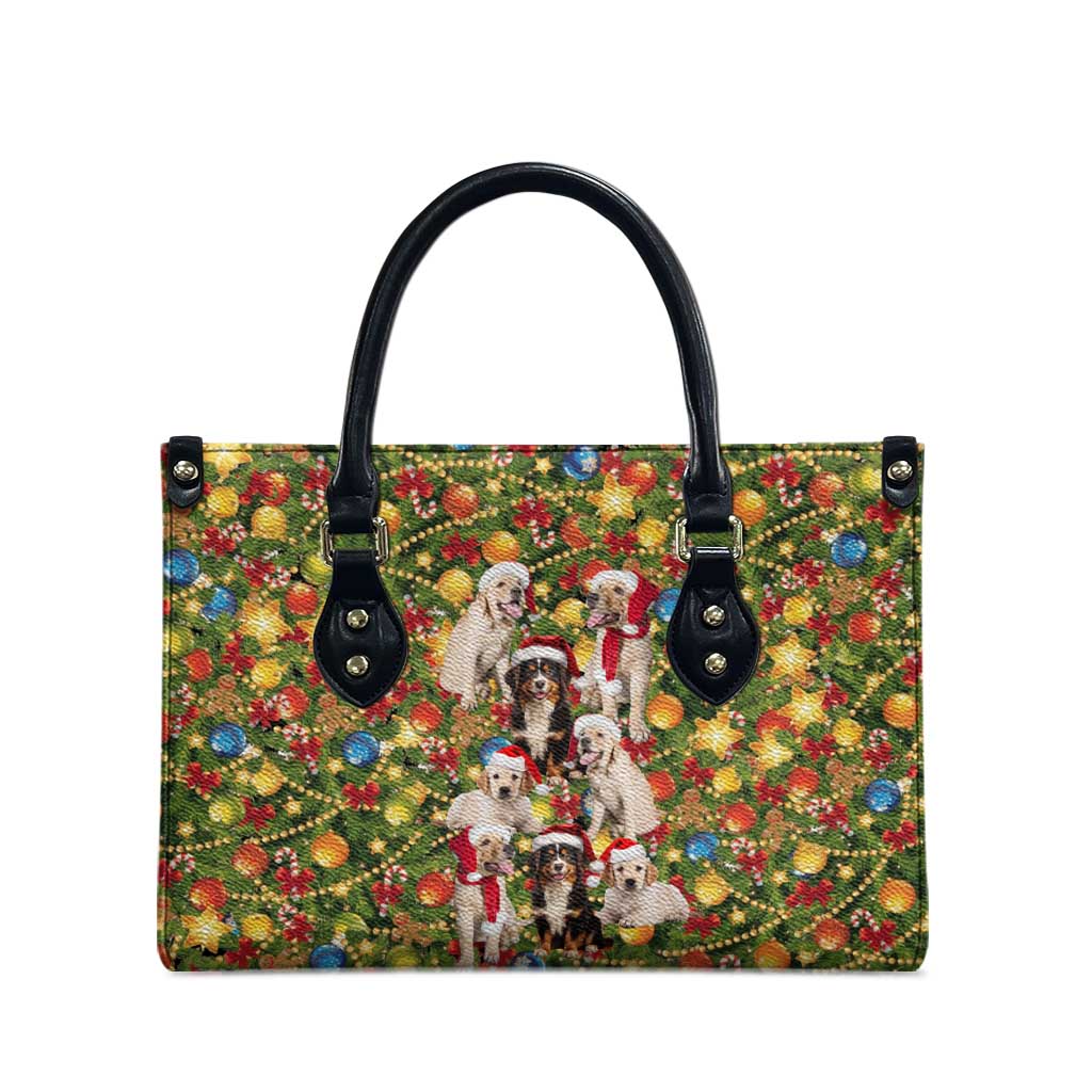 Christmas Dogs Leather Bag with Santa Hats and Festive Ornament Pattern - Wonder Print Shop