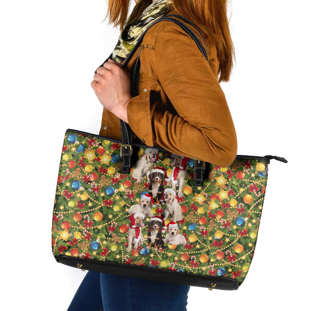 Christmas Dogs Leather Tote Bag with Santa Hats and Festive Ornament Pattern - Wonder Print Shop
