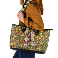 Christmas Dogs Leather Tote Bag with Santa Hats and Festive Ornament Pattern - Wonder Print Shop