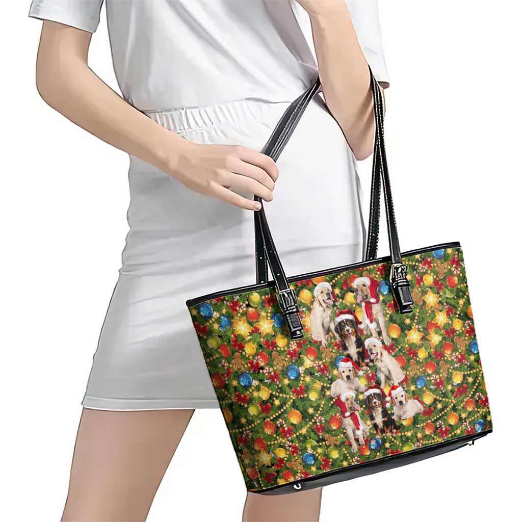 Christmas Dogs Leather Tote Bag with Santa Hats and Festive Ornament Pattern - Wonder Print Shop