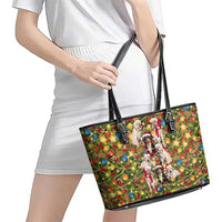 Christmas Dogs Leather Tote Bag with Santa Hats and Festive Ornament Pattern - Wonder Print Shop