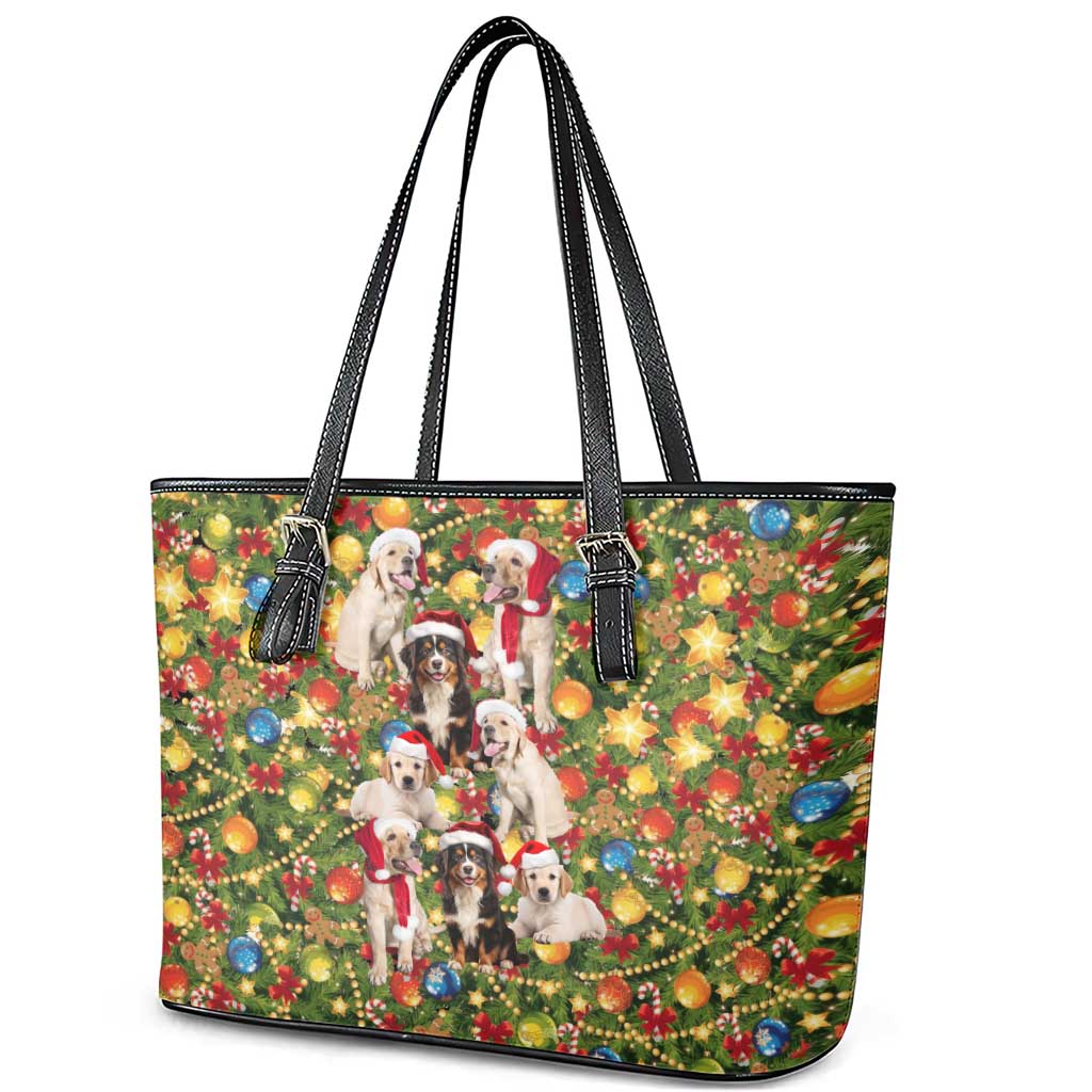 Christmas Dogs Leather Tote Bag with Santa Hats and Festive Ornament Pattern - Wonder Print Shop