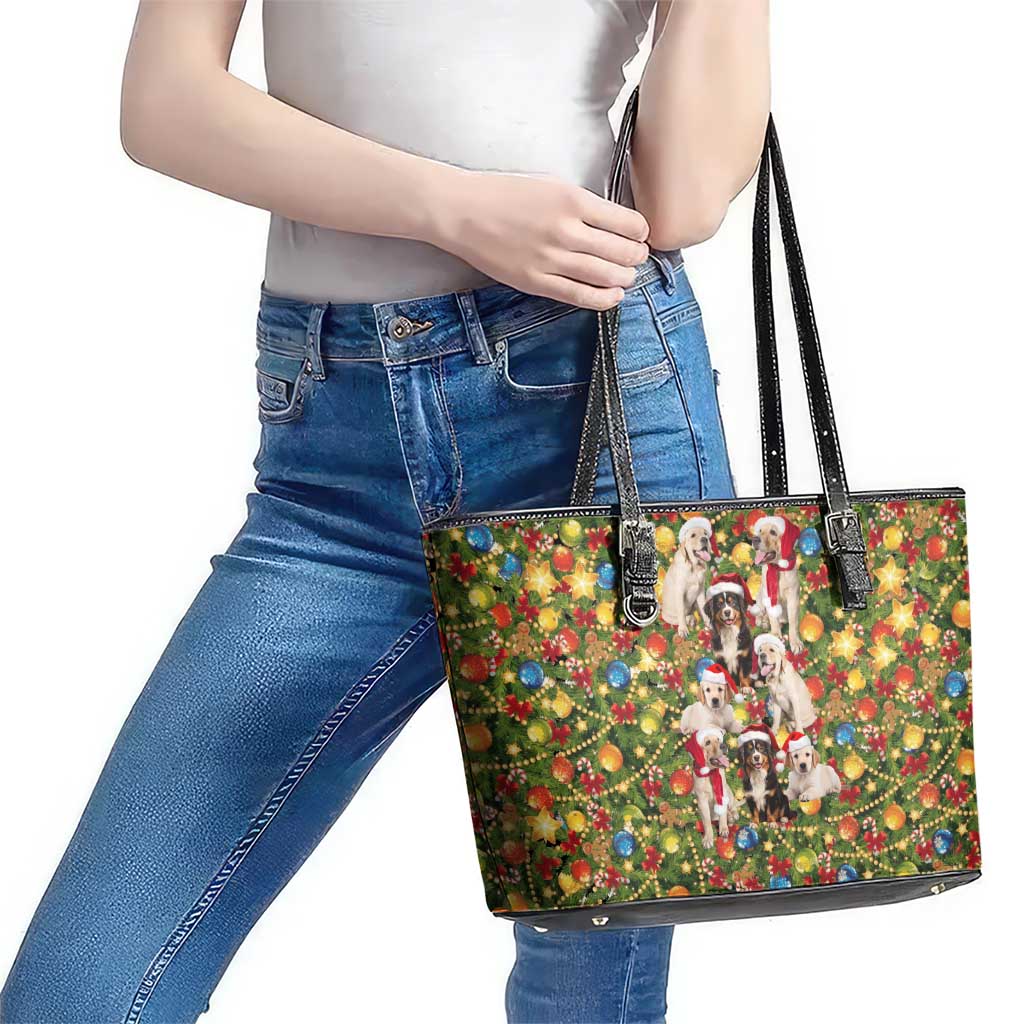 Christmas Dogs Leather Tote Bag with Santa Hats and Festive Ornament Pattern - Wonder Print Shop