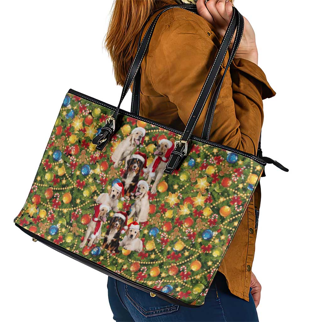 Christmas Dogs Leather Tote Bag with Santa Hats and Festive Ornament Pattern - Wonder Print Shop