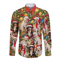 Christmas Dogs Long Sleeve Button Shirt with Santa Hats and Festive Ornament Pattern - Wonder Print Shop