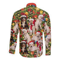 Christmas Dogs Long Sleeve Button Shirt with Santa Hats and Festive Ornament Pattern - Wonder Print Shop