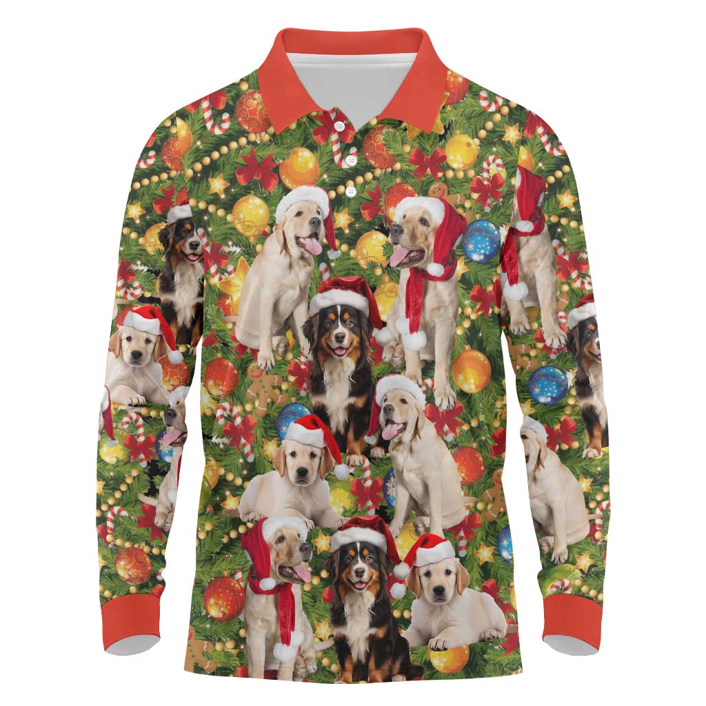 Christmas Dogs Long Sleeve Polo Shirt with Santa Hats and Festive Ornament Pattern - Wonder Print Shop