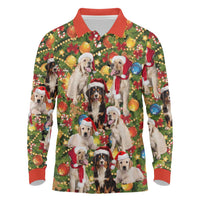 Christmas Dogs Long Sleeve Polo Shirt with Santa Hats and Festive Ornament Pattern - Wonder Print Shop