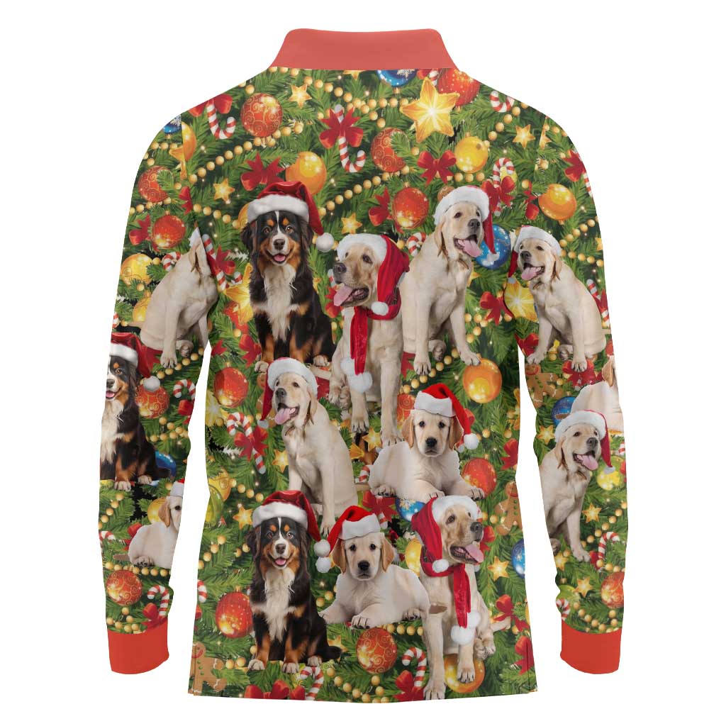 Christmas Dogs Long Sleeve Polo Shirt with Santa Hats and Festive Ornament Pattern - Wonder Print Shop