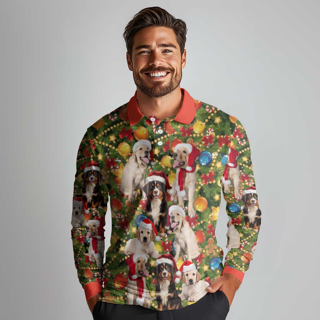 Christmas Dogs Long Sleeve Polo Shirt with Santa Hats and Festive Ornament Pattern - Wonder Print Shop