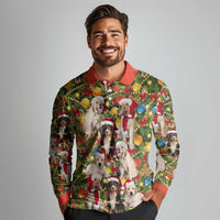 Christmas Dogs Long Sleeve Polo Shirt with Santa Hats and Festive Ornament Pattern - Wonder Print Shop