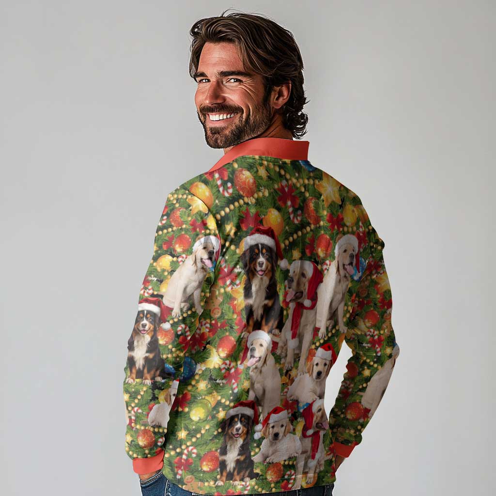 Christmas Dogs Long Sleeve Polo Shirt with Santa Hats and Festive Ornament Pattern - Wonder Print Shop