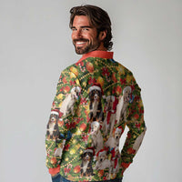 Christmas Dogs Long Sleeve Polo Shirt with Santa Hats and Festive Ornament Pattern - Wonder Print Shop