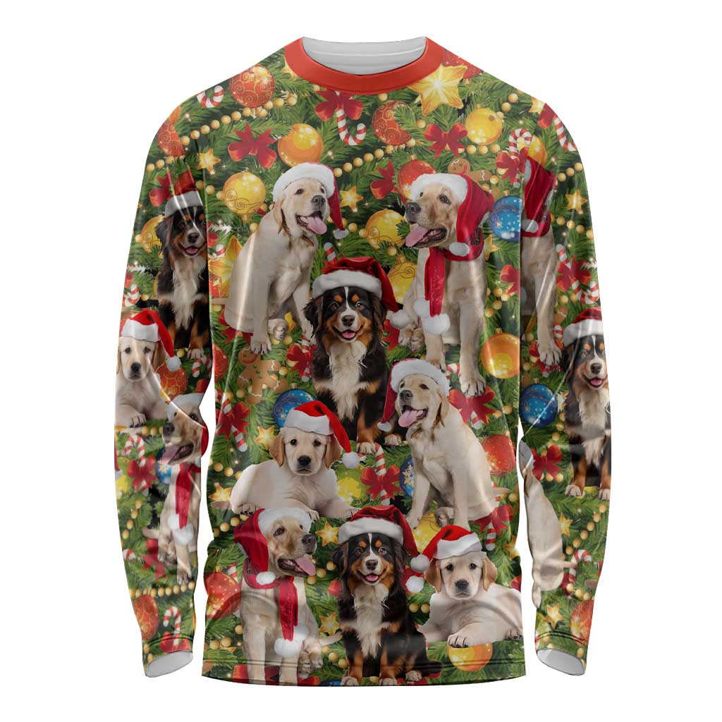 Christmas Dogs Long Sleeve Shirt with Santa Hats and Festive Ornament Pattern - Wonder Print Shop