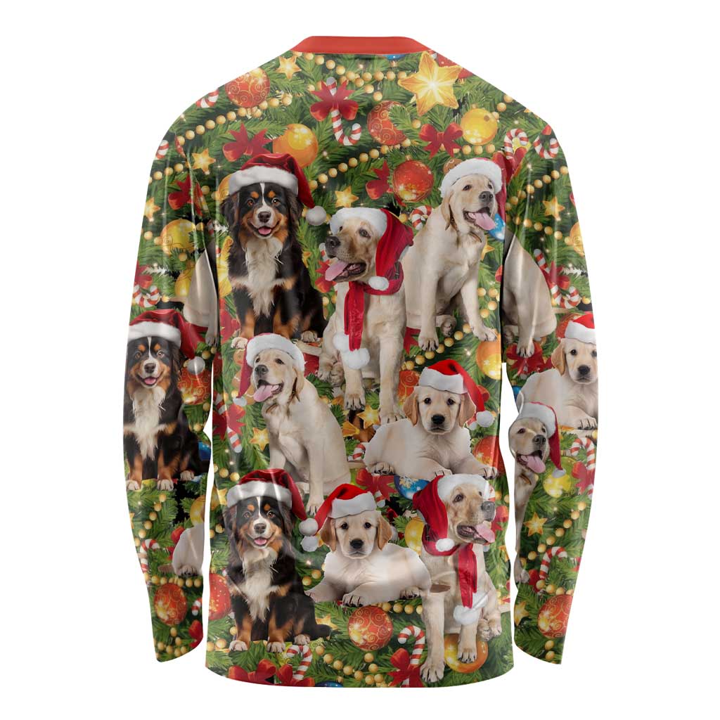 Christmas Dogs Long Sleeve Shirt with Santa Hats and Festive Ornament Pattern - Wonder Print Shop