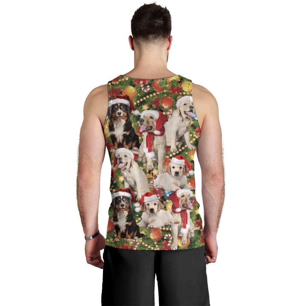 Christmas Dogs Men Tank Top with Santa Hats and Festive Ornament Pattern - Wonder Print Shop