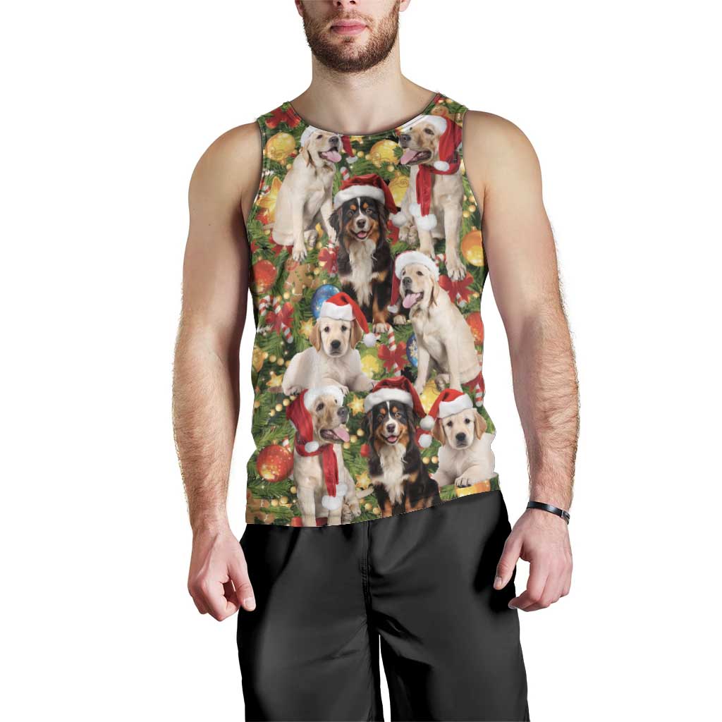 Christmas Dogs Men Tank Top with Santa Hats and Festive Ornament Pattern - Wonder Print Shop