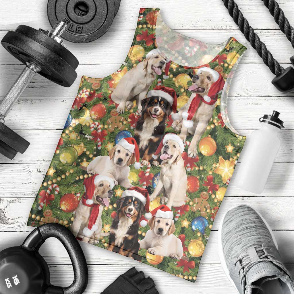 Christmas Dogs Men Tank Top with Santa Hats and Festive Ornament Pattern - Wonder Print Shop