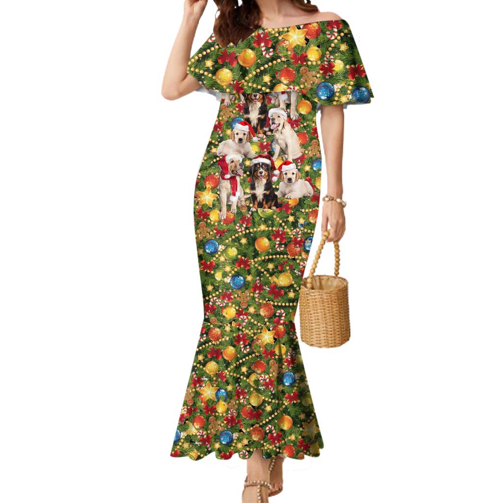 Christmas Dogs Mermaid Dress with Santa Hats and Festive Ornament Pattern - Wonder Print Shop