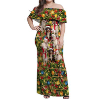 Christmas Dogs Off Shoulder Maxi Dress with Santa Hats and Festive Ornament Pattern - Wonder Print Shop