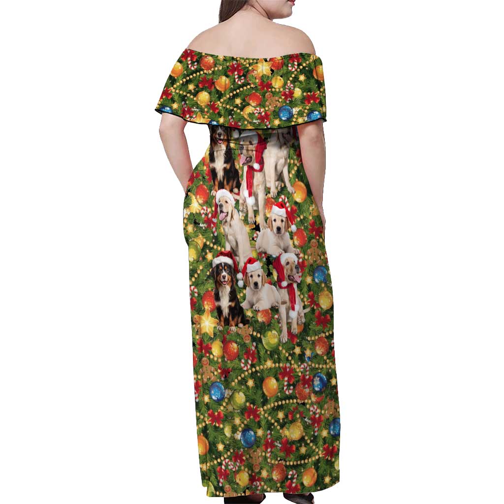 Christmas Dogs Off Shoulder Maxi Dress with Santa Hats and Festive Ornament Pattern - Wonder Print Shop