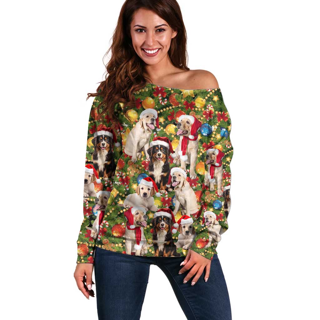 Christmas Dogs Off Shoulder Sweater with Santa Hats and Festive Ornament Pattern - Wonder Print Shop