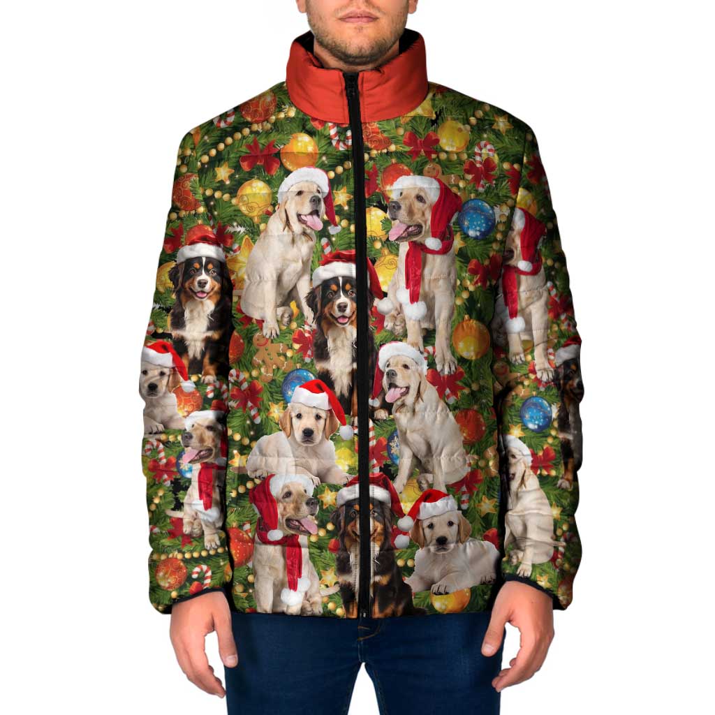 Christmas Dogs Padded Jacket with Santa Hats and Festive Ornament Pattern - Wonder Print Shop