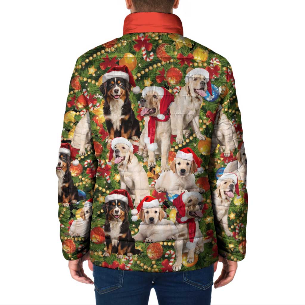 Christmas Dogs Padded Jacket with Santa Hats and Festive Ornament Pattern - Wonder Print Shop