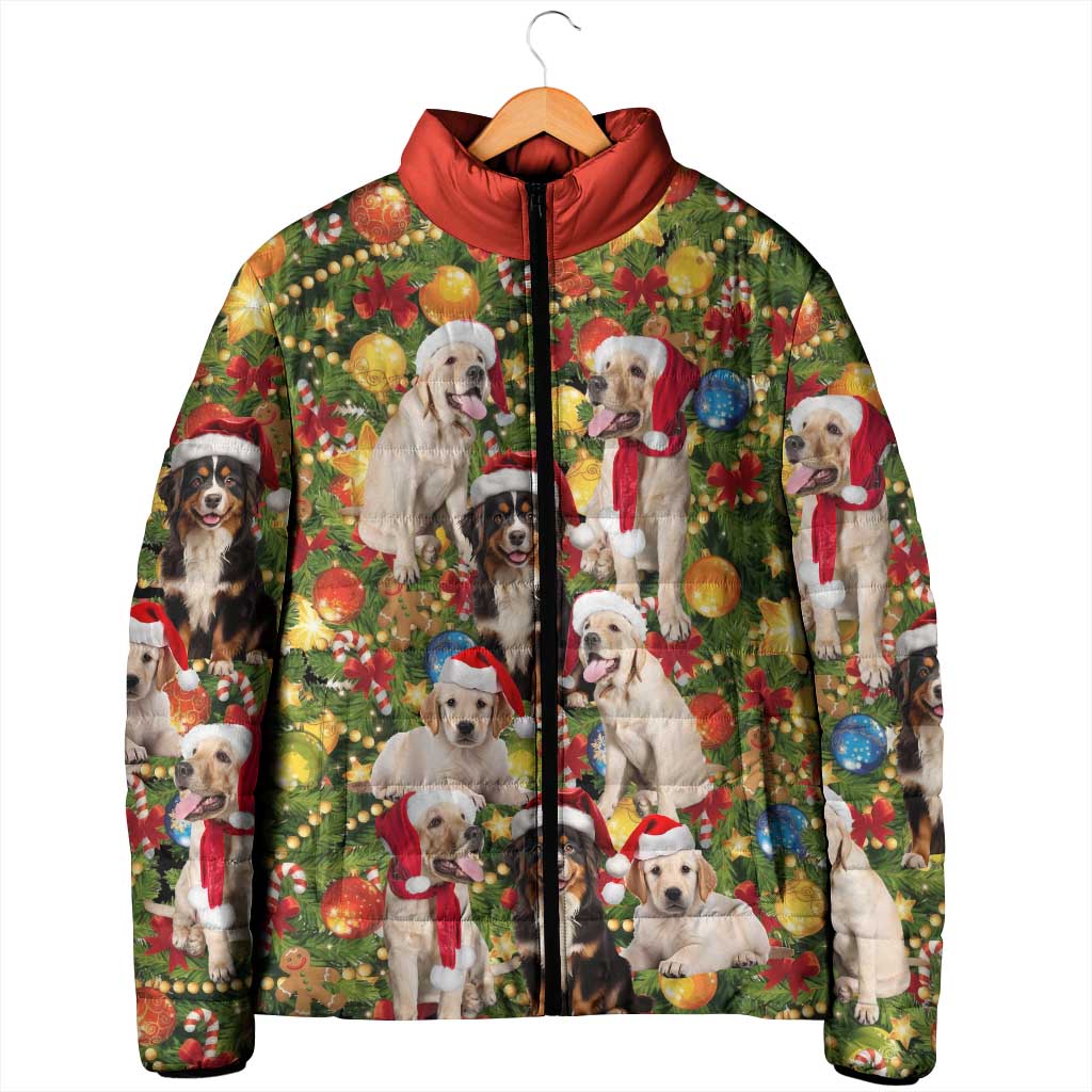 Christmas Dogs Padded Jacket with Santa Hats and Festive Ornament Pattern - Wonder Print Shop