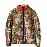 Christmas Dogs Padded Jacket with Santa Hats and Festive Ornament Pattern - Wonder Print Shop