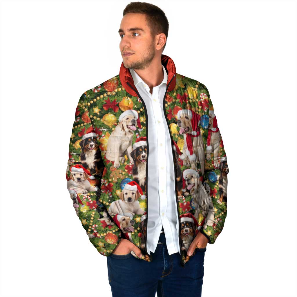 Christmas Dogs Padded Jacket with Santa Hats and Festive Ornament Pattern - Wonder Print Shop