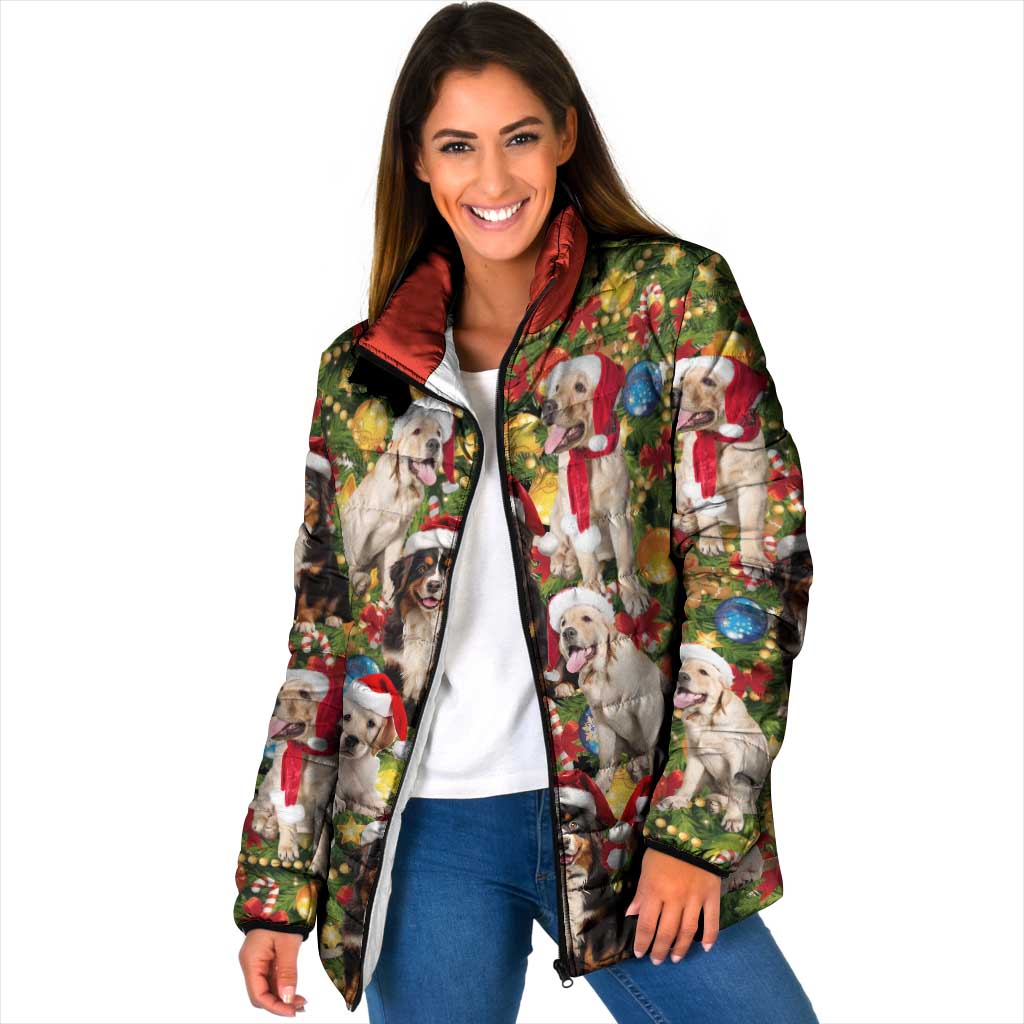 Christmas Dogs Padded Jacket with Santa Hats and Festive Ornament Pattern - Wonder Print Shop