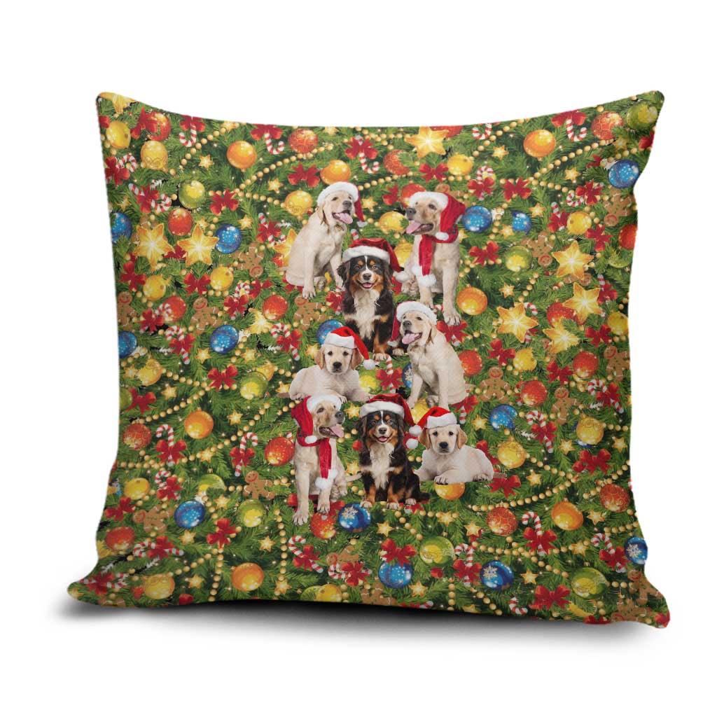 Christmas Dogs Pillow Cover with Santa Hats and Festive Ornament Pattern - Wonder Print Shop