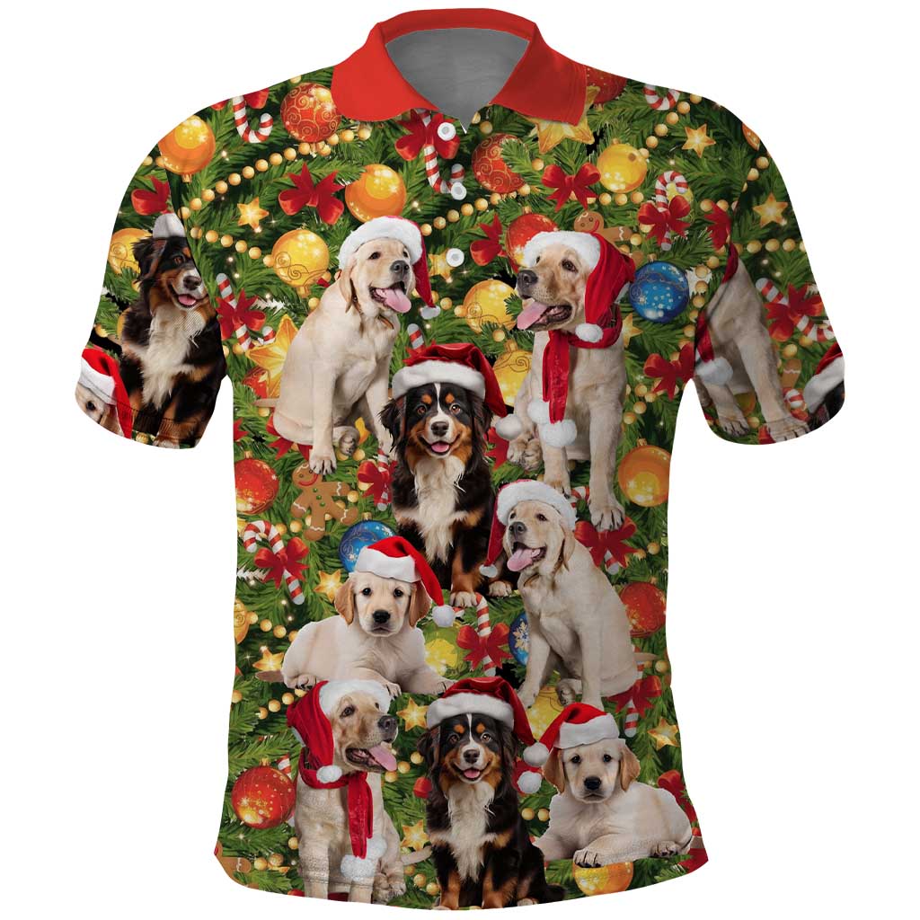 Christmas Dogs Polo Shirt with Santa Hats and Festive Ornament Pattern - Wonder Print Shop