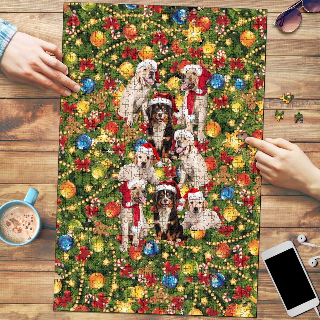 Christmas Dogs Puzzle with Santa Hats and Festive Ornament Pattern - Wonder Print Shop