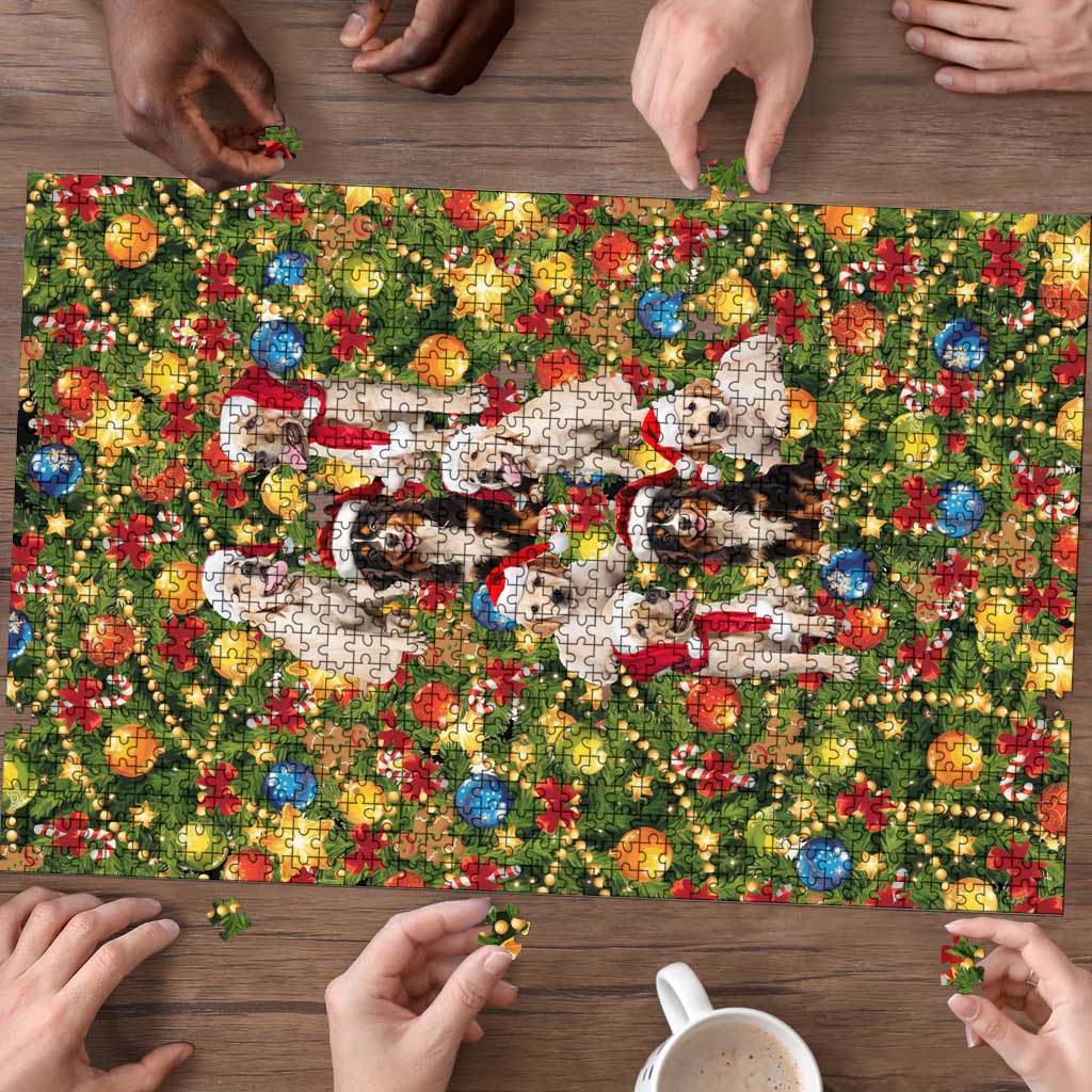 Christmas Dogs Puzzle with Santa Hats and Festive Ornament Pattern - Wonder Print Shop