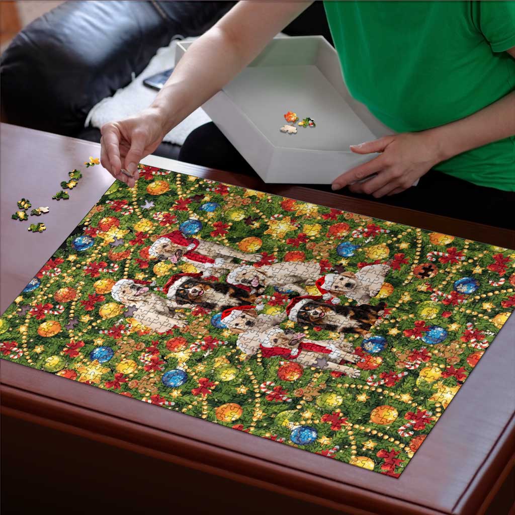 Christmas Dogs Puzzle with Santa Hats and Festive Ornament Pattern - Wonder Print Shop