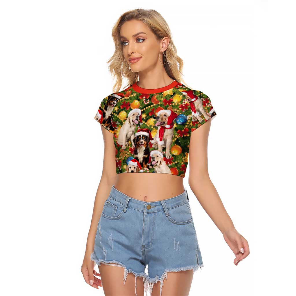 Christmas Dogs Raglan Cropped T Shirt with Santa Hats and Festive Ornament Pattern - Wonder Print Shop
