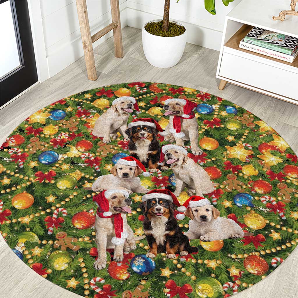 Christmas Dogs Round Carpet with Santa Hats and Festive Ornament Pattern - Wonder Print Shop