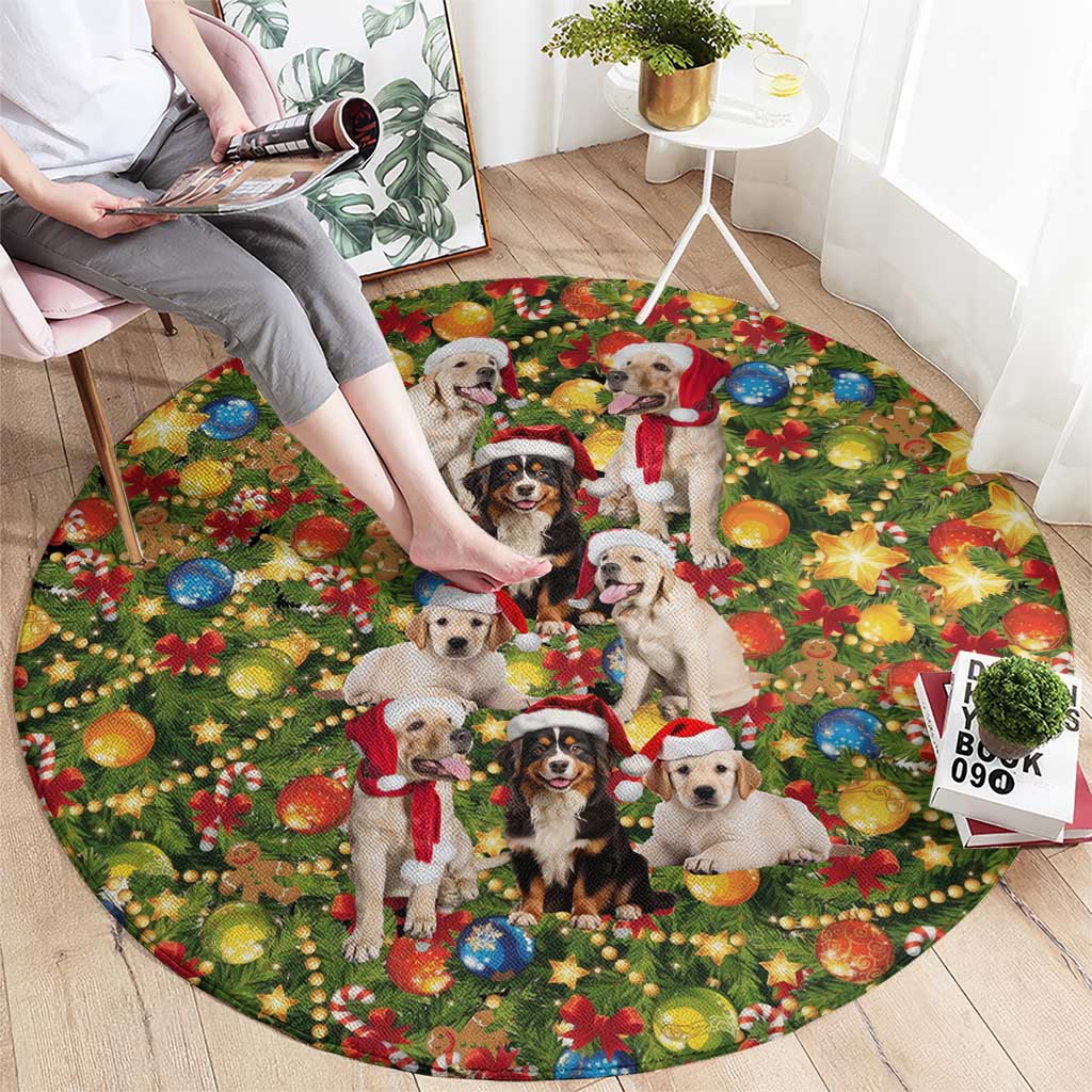 Christmas Dogs Round Carpet with Santa Hats and Festive Ornament Pattern - Wonder Print Shop