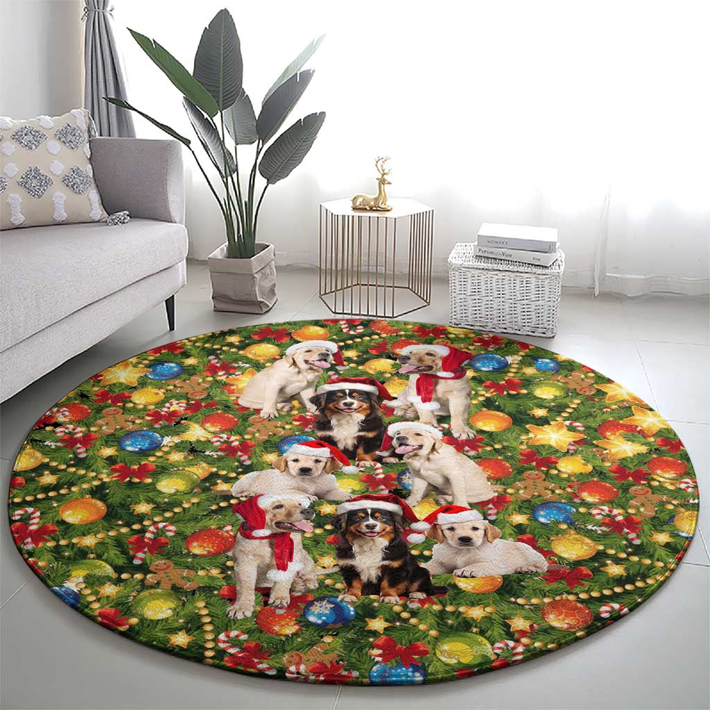 Christmas Dogs Round Carpet with Santa Hats and Festive Ornament Pattern - Wonder Print Shop