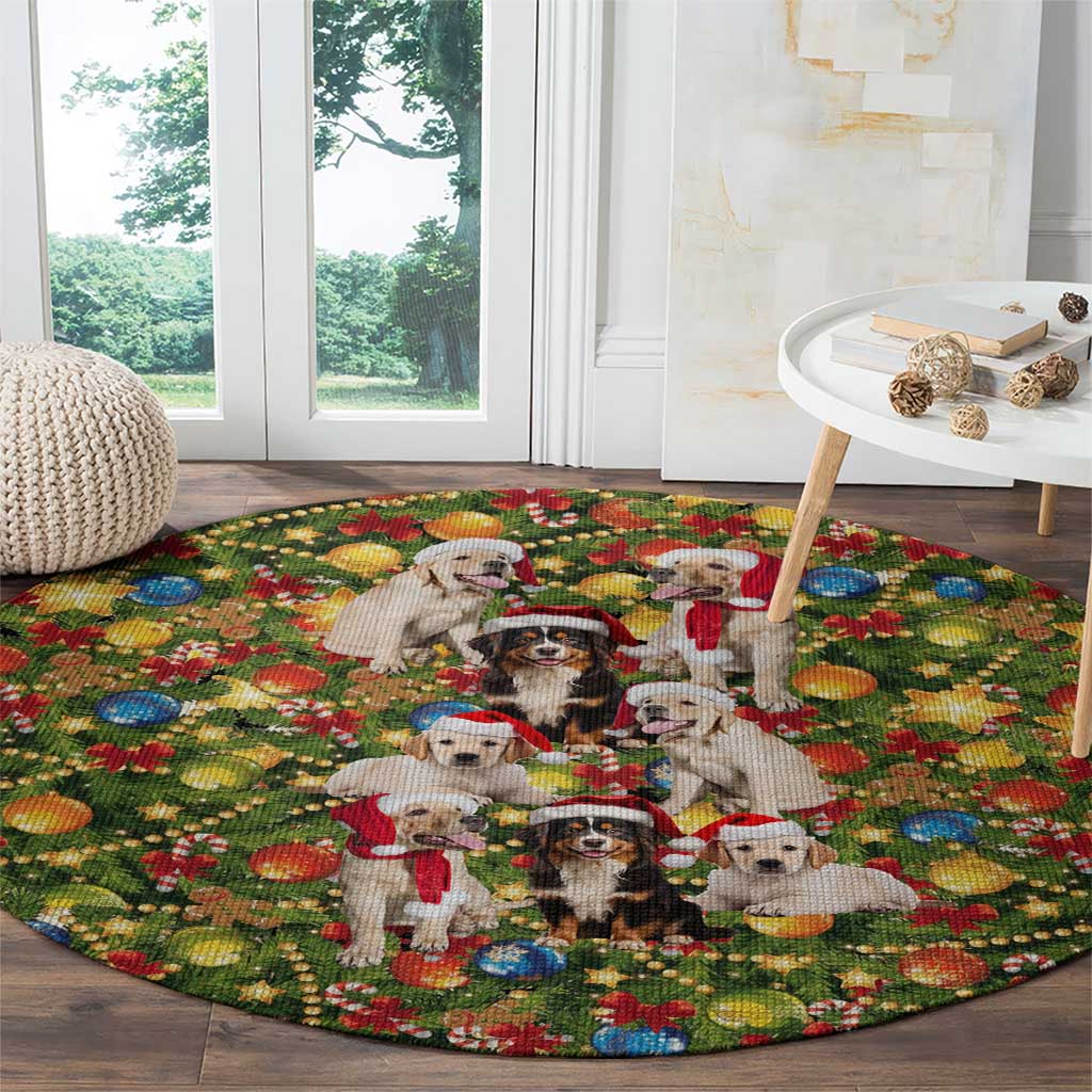 Christmas Dogs Round Carpet with Santa Hats and Festive Ornament Pattern - Wonder Print Shop