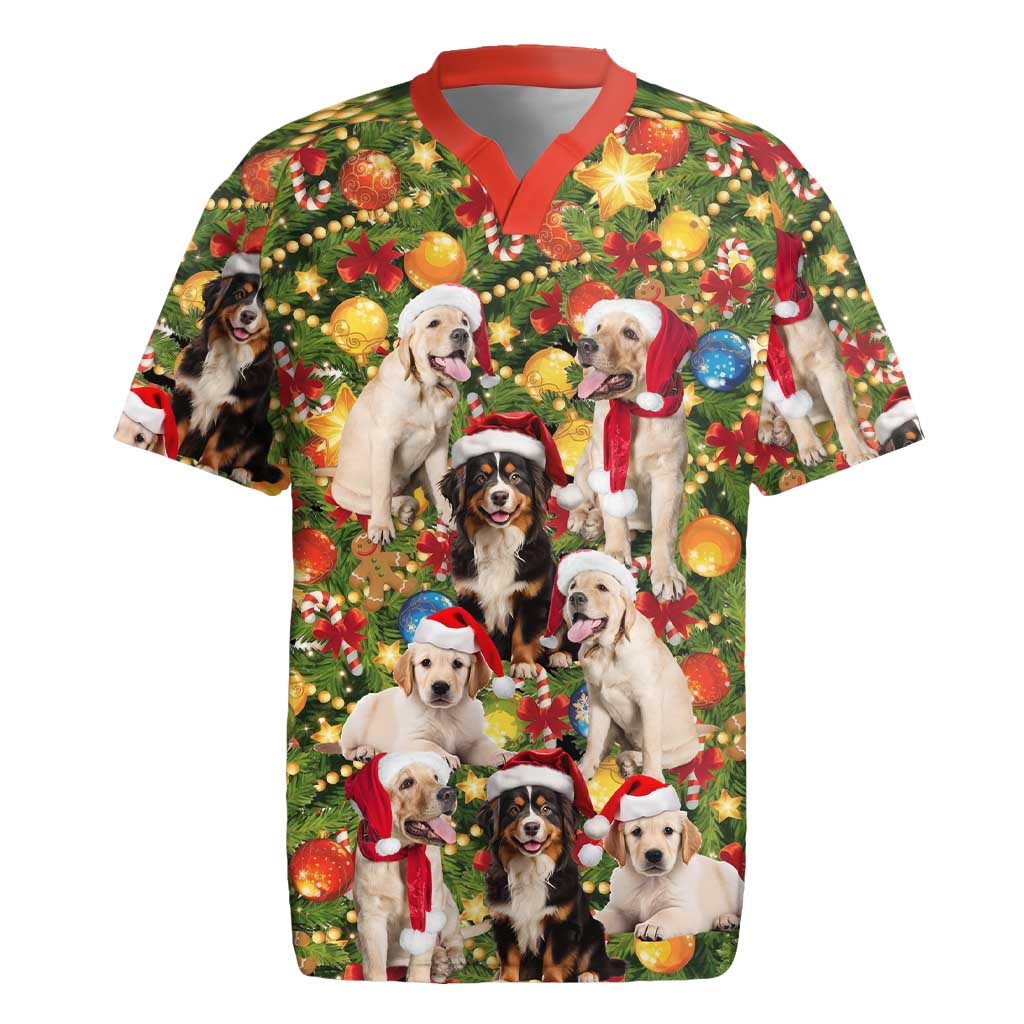 Christmas Dogs Rugby Jersey with Santa Hats and Festive Ornament Pattern - Wonder Print Shop