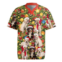 Christmas Dogs Rugby Jersey with Santa Hats and Festive Ornament Pattern - Wonder Print Shop